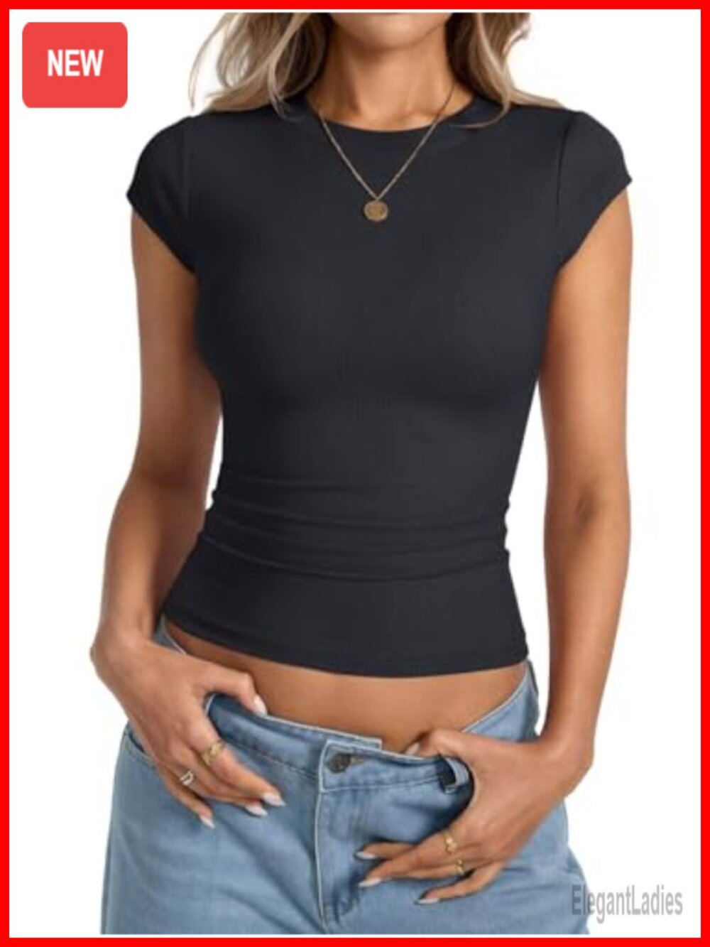 Womens Ribbed Cap Sleeve Crew Neck Fitted Summer T-Shirt Top